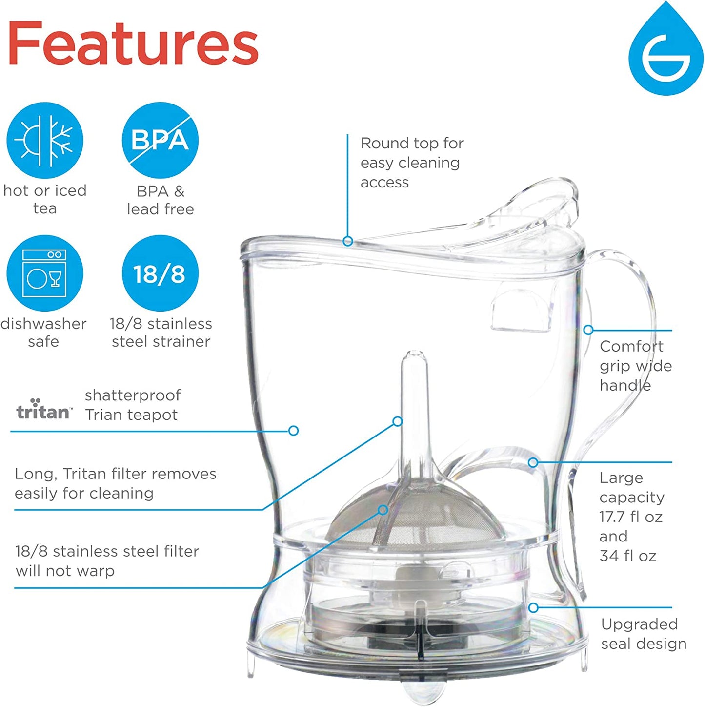 Aberdeen PERFECT TEA MAKER Tea Pot with Coaster, Tea Steeper, Easy Tea Infuser, 17.7 Oz. 525 Ml, EASY CLEAN Tea Steeper, Bpa-Free Teapot