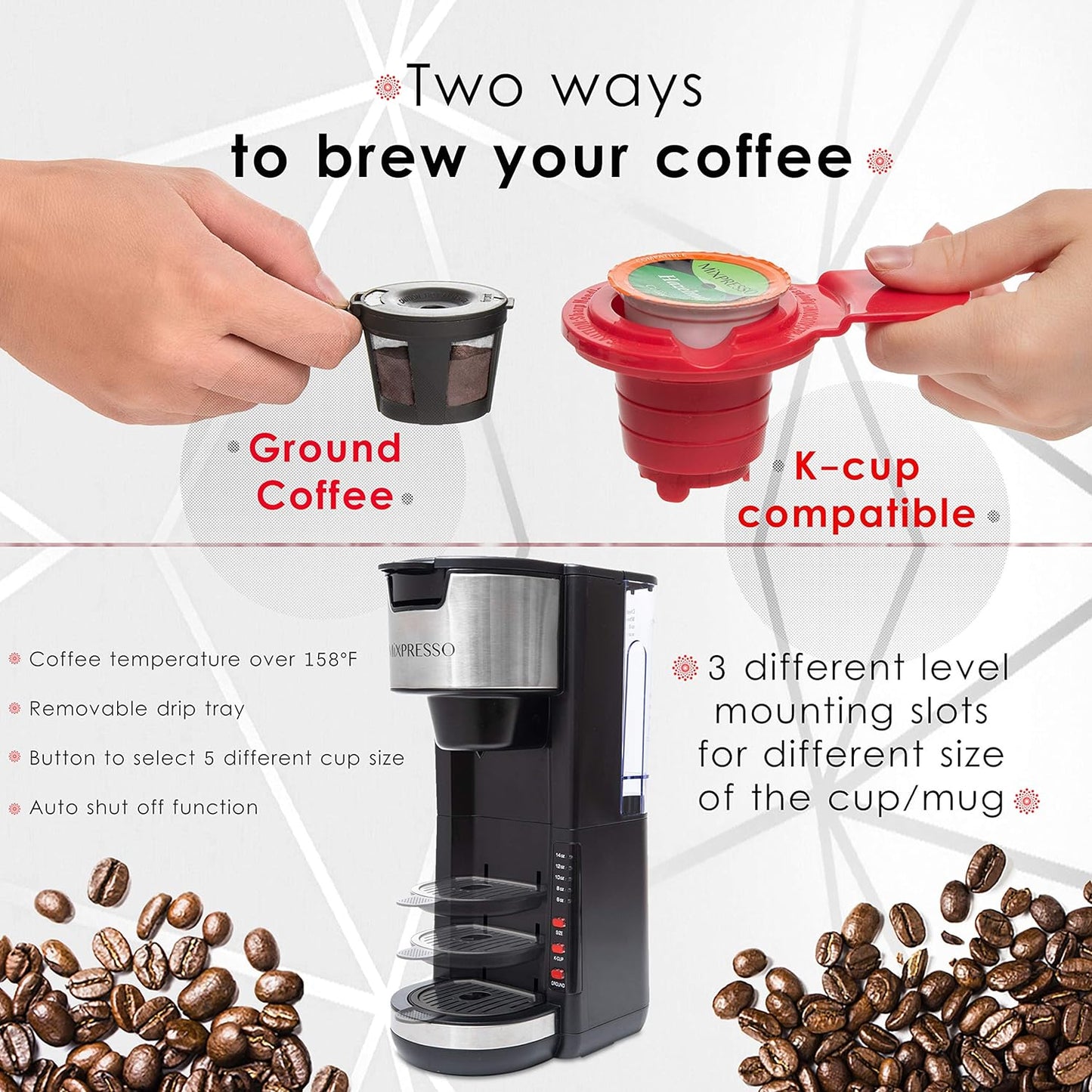 Single Serve Coffee Brewer K-Cup Pods Compatible & Ground Coffee, 30 Oz Compact Coffee Maker Single Serve with 5 Brew Sizes up to 14 Oz, Fits Travel Mug, Adjustable Drip Tray, Black