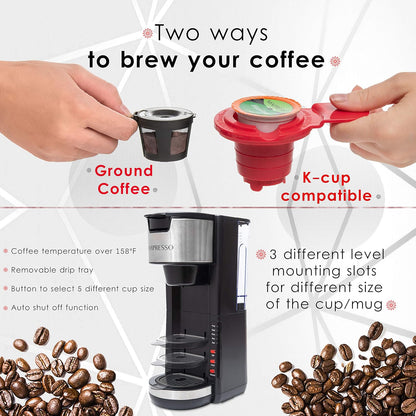 Single Serve Coffee Brewer K-Cup Pods Compatible & Ground Coffee, 30 Oz Compact Coffee Maker Single Serve with 5 Brew Sizes up to 14 Oz, Fits Travel Mug, Adjustable Drip Tray, Black