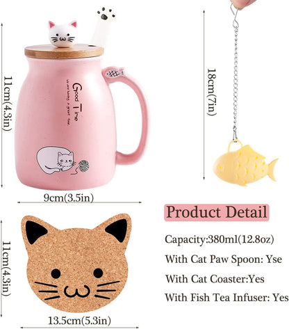 Cat Mug Cute Ceramic Coffee Cup with Lovely Kitty Wooden Lid Stainless Steel Spoon,Novelty Morning Cup Tea Milk Christmas Mug 380ML