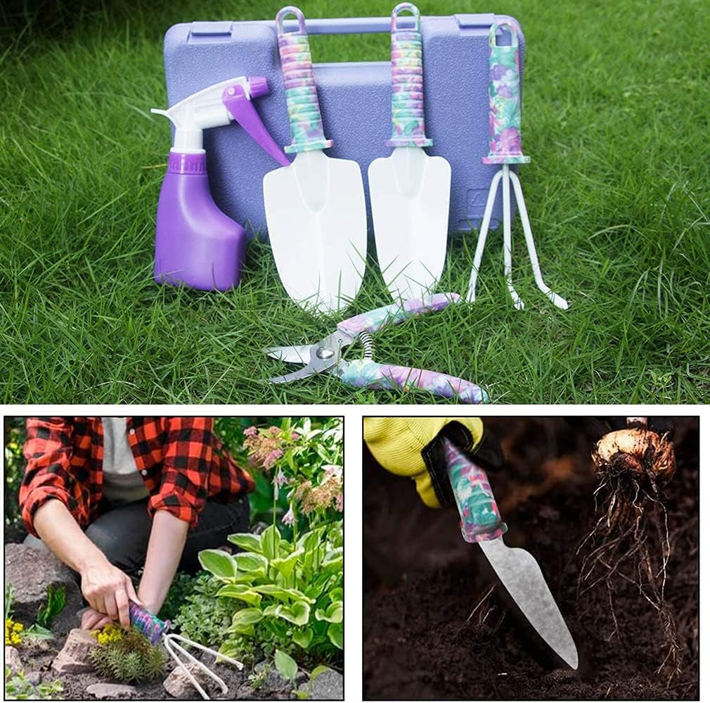 Gardening Tools Set, Unique Gardening Gifts for Women, Gardening Hand Tools with Purple Carrying Case, Gardening Kit for Home Gardening Flowers Potted Trim Loosing Planting Tools (5PCS)