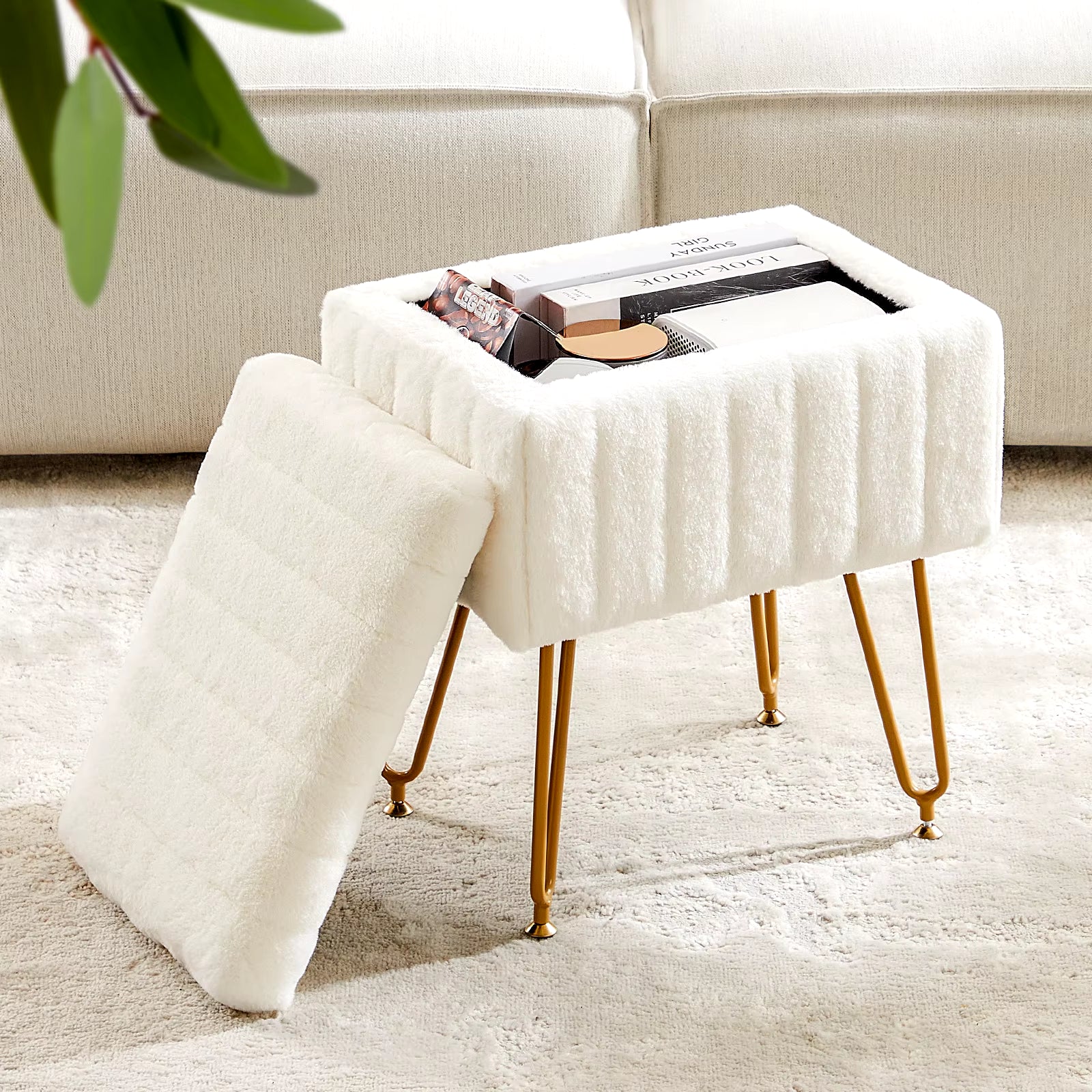 Faux Fur Living Room Hidden Storage Stools & Ottomans Padded Makeup with 4 Metal Legs Anti-Slip Adjustable Feet for Home