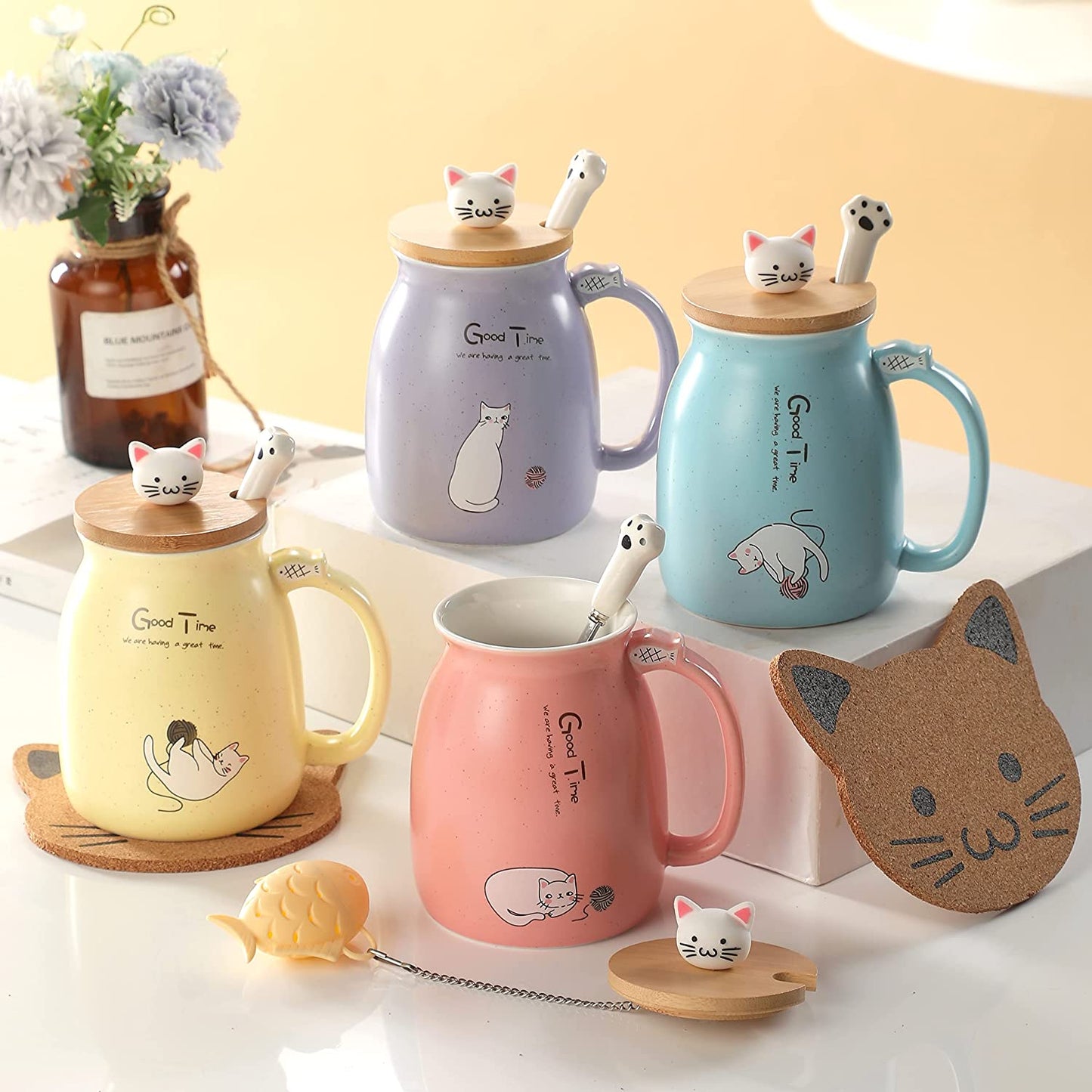 Cat Mug Cute Ceramic Coffee Cup with Lovely Kitty Wooden Lid Stainless Steel Spoon,Novelty Morning Cup Tea Milk Christmas Mug 380ML