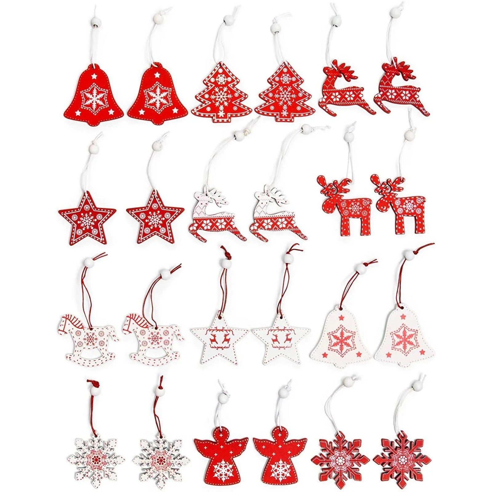 24 Pack Christmas Ornaments, 2" Wooden Pendant Nordic Snowflake Design Hanging Ornament Set for Xmas Tree Holiday Wall Decorations