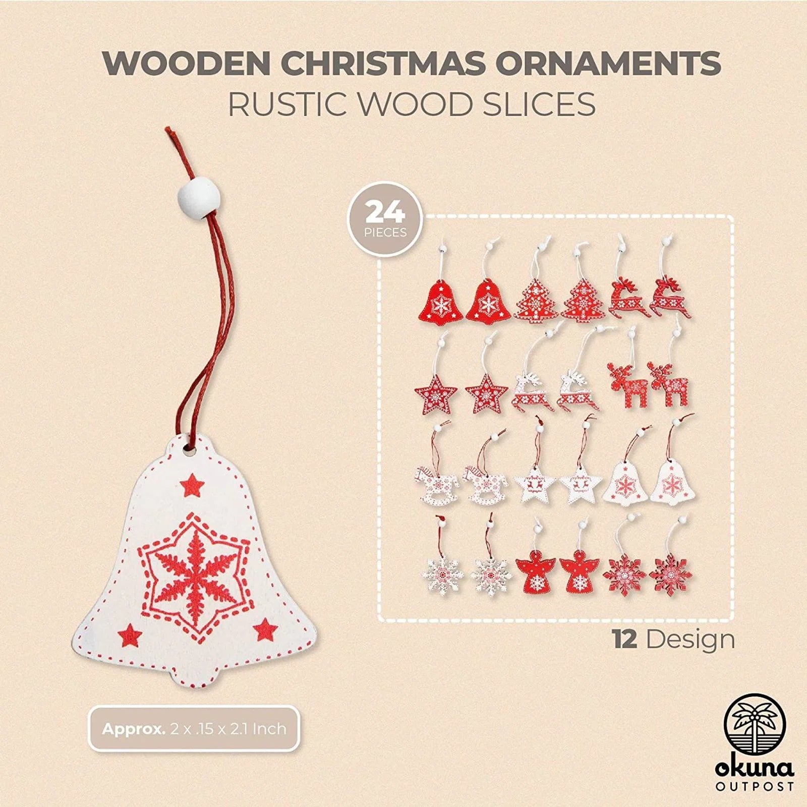 24 Pack Christmas Ornaments, 2" Wooden Pendant Nordic Snowflake Design Hanging Ornament Set for Xmas Tree Holiday Wall Decorations