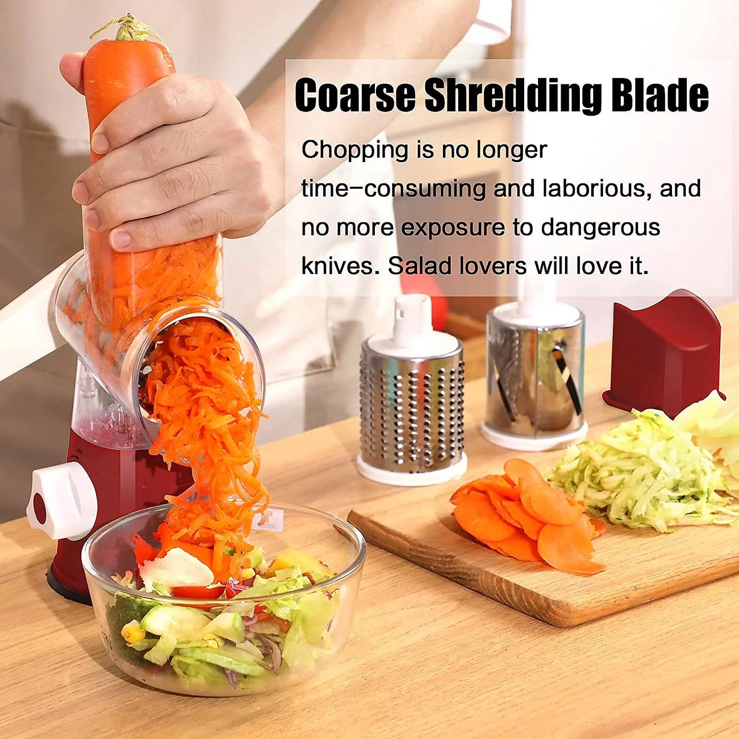 Rotary Cheese Grater, Vegetable Chopper, Efficient Graters for Kitchen with 3 Interchangeable round Stainless Steel Blades, Easy to Clean Cheese Shredder for Fruit, Vegetables, Nuts, Chocolat