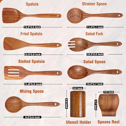 Wooden Spoons for Cooking,  10 PCS Wooden Utensils for Cooking Natural Teak Wooden Kitchen Utensils Set Comfort Grip (10 PCS SET)