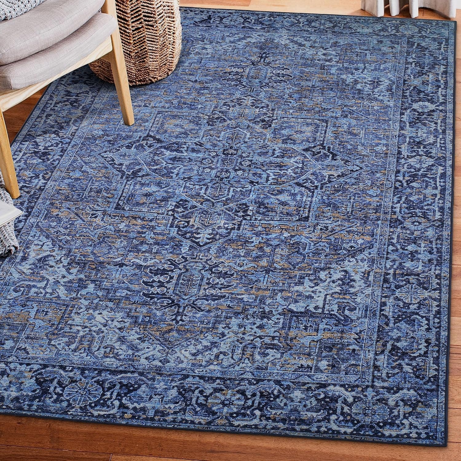 Realife Machine Washable Rug - Stain Resistant, Non-Shed - Eco-Friendly, Non-Slip, Family & Pet Friendly - Made from Premium Recycled Fibers - Vintage Distressed Traditional - Blue, 7'6" X 9'6"