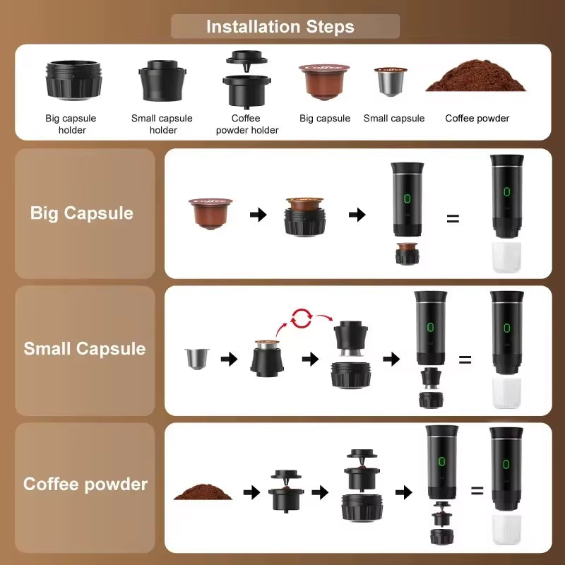 3-In-1 Portable Capsule Coffee Maker, Wireless Heating Electric Espresso Coffee Maker for Car Home, Travel Camping Coffee Maker