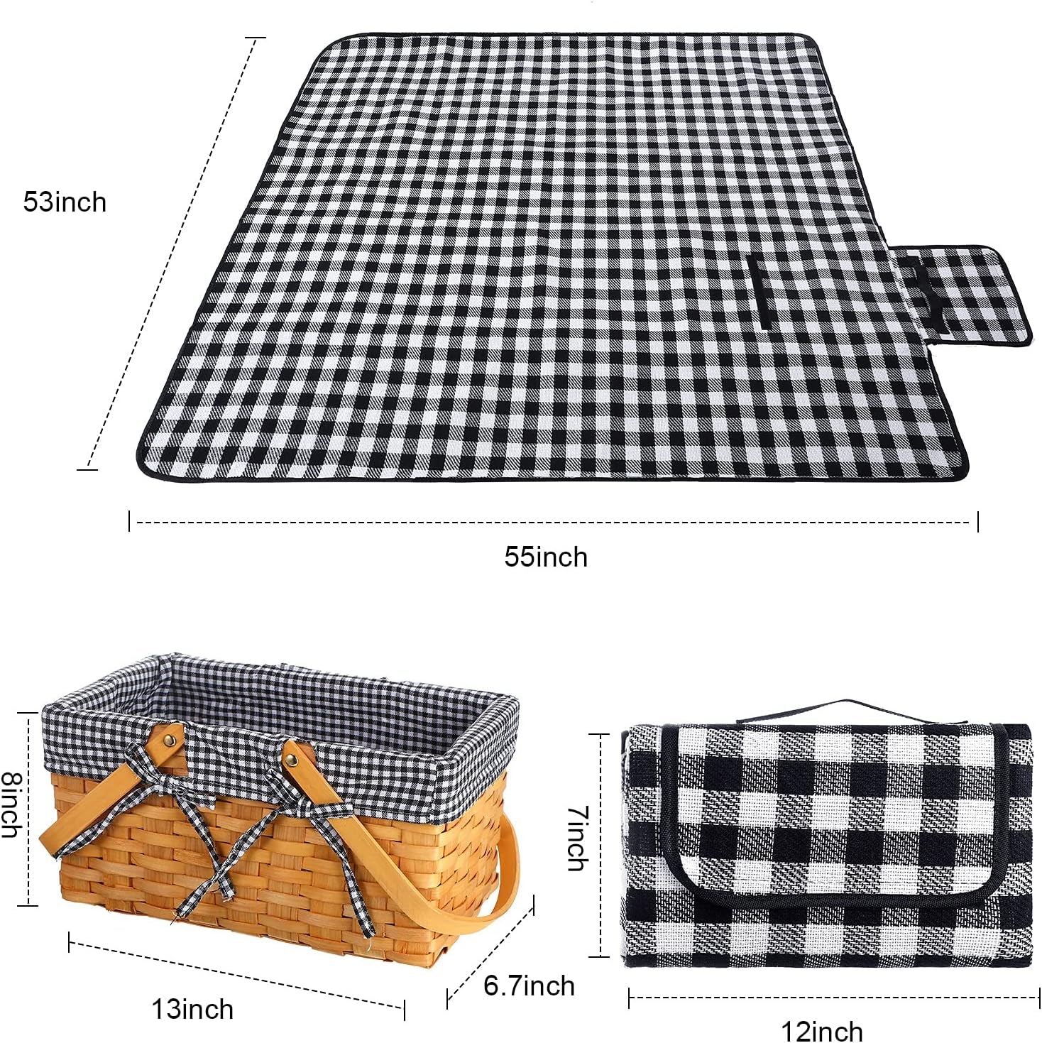 Picnic Basket Natural Woven Woodchip Basket with Double Folding Handles with Gingham Fabric, Picnic Blanket Handy Picnic Mat for Easter Camping on Grass Supplies (Black and White Grid)