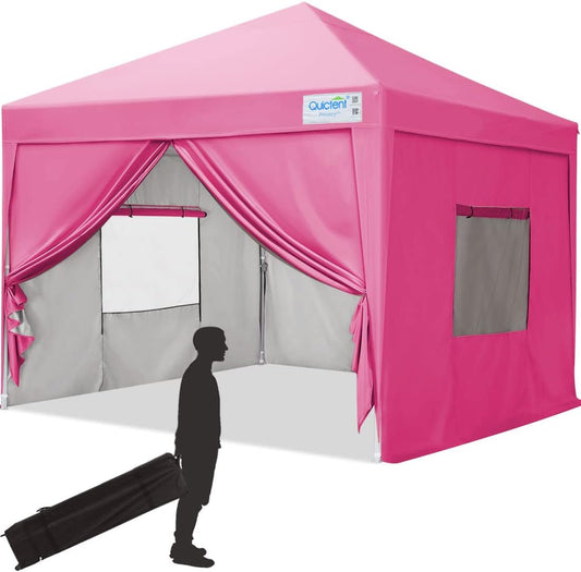 Privacy 8X8 Ez Pop up Canopy Tent Enclosed Instant Canopy Shelter Portable with Sidewalls and Mesh Windows Waterproof (Pink)