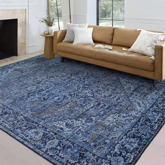 Realife Machine Washable Rug - Stain Resistant, Non-Shed - Eco-Friendly, Non-Slip, Family & Pet Friendly - Made from Premium Recycled Fibers - Vintage Distressed Traditional - Blue, 7'6" X 9'6"