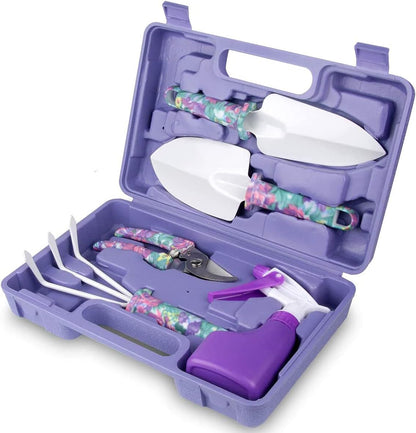 Gardening Tools Set, Unique Gardening Gifts for Women, Gardening Hand Tools with Purple Carrying Case, Gardening Kit for Home Gardening Flowers Potted Trim Loosing Planting Tools (5PCS)