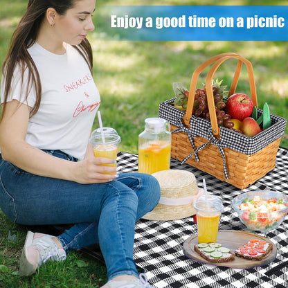 Picnic Basket Natural Woven Woodchip Basket with Double Folding Handles with Gingham Fabric, Picnic Blanket Handy Picnic Mat for Easter Camping on Grass Supplies (Black and White Grid)