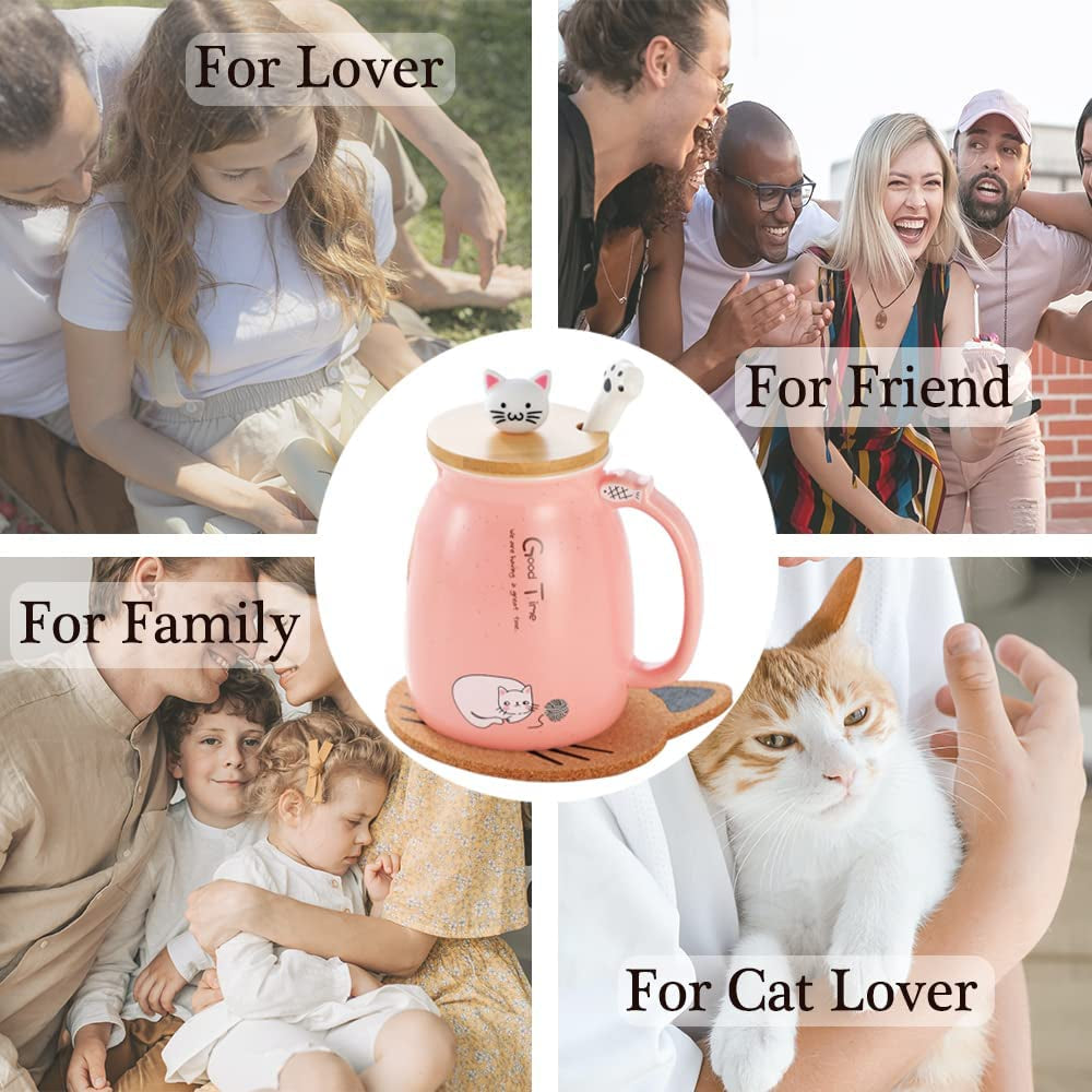 Cat Mug Cute Ceramic Coffee Cup with Lovely Kitty Wooden Lid Stainless Steel Spoon,Novelty Morning Cup Tea Milk Christmas Mug 380ML