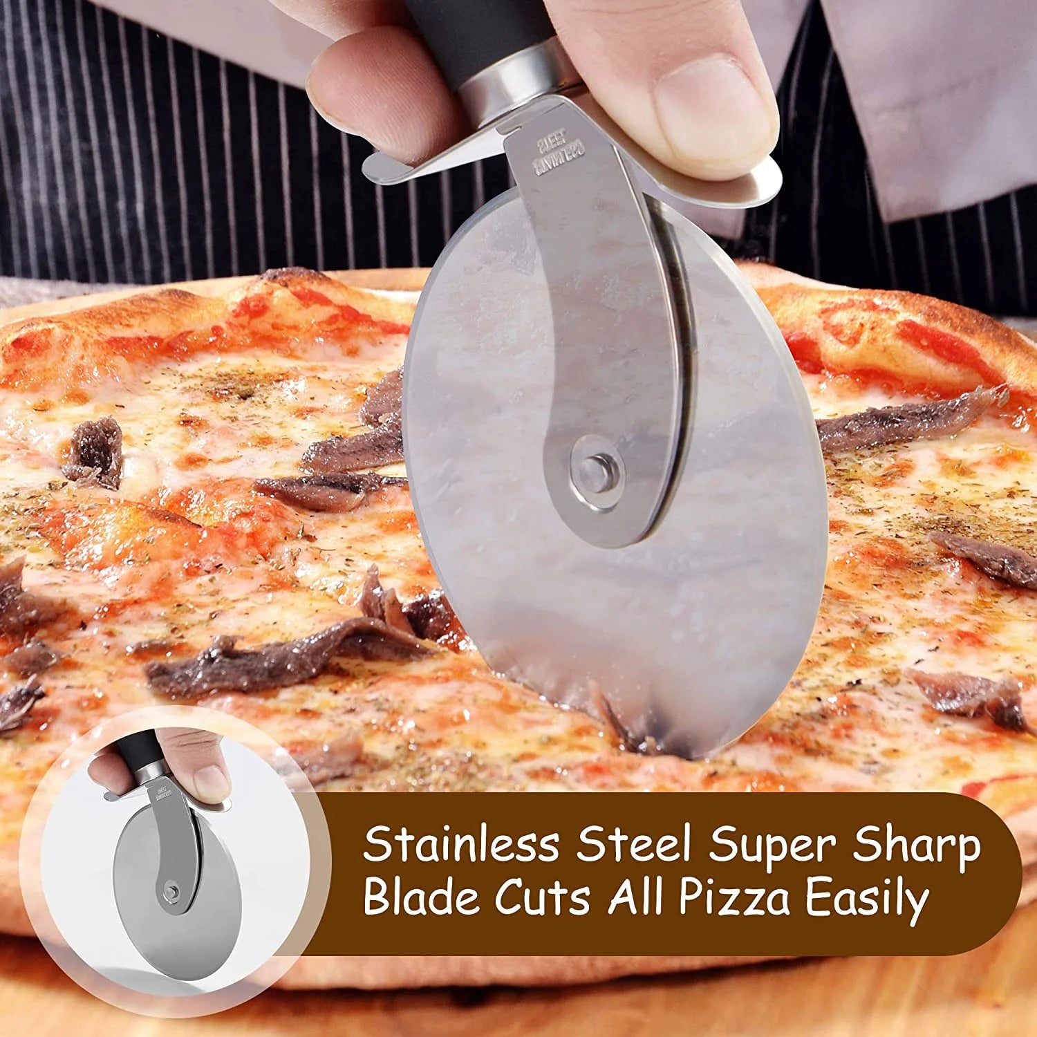 Pizza Cutter Wheel, Food Grade Stainless Steel Super Sharp Pizza Cutter, Heavy Duty Pizza Slicer Wheel Cutter with Non Slip Handle and Finger Protector