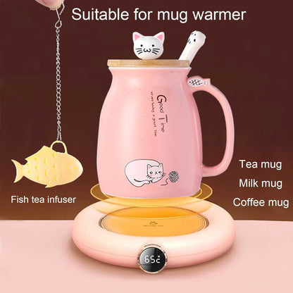 Cat Mug Cute Ceramic Coffee Cup with Lovely Kitty Wooden Lid Stainless Steel Spoon,Novelty Morning Cup Tea Milk Christmas Mug 380ML