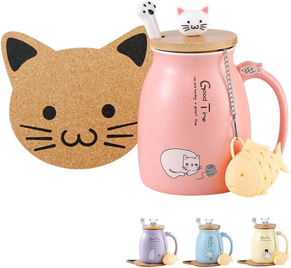 Cat Mug Cute Ceramic Coffee Cup with Lovely Kitty Wooden Lid Stainless Steel Spoon,Novelty Morning Cup Tea Milk Christmas Mug 380ML