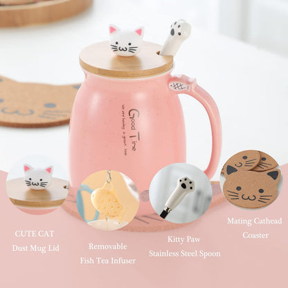 Cat Mug Cute Ceramic Coffee Cup with Lovely Kitty Wooden Lid Stainless Steel Spoon,Novelty Morning Cup Tea Milk Christmas Mug 380ML