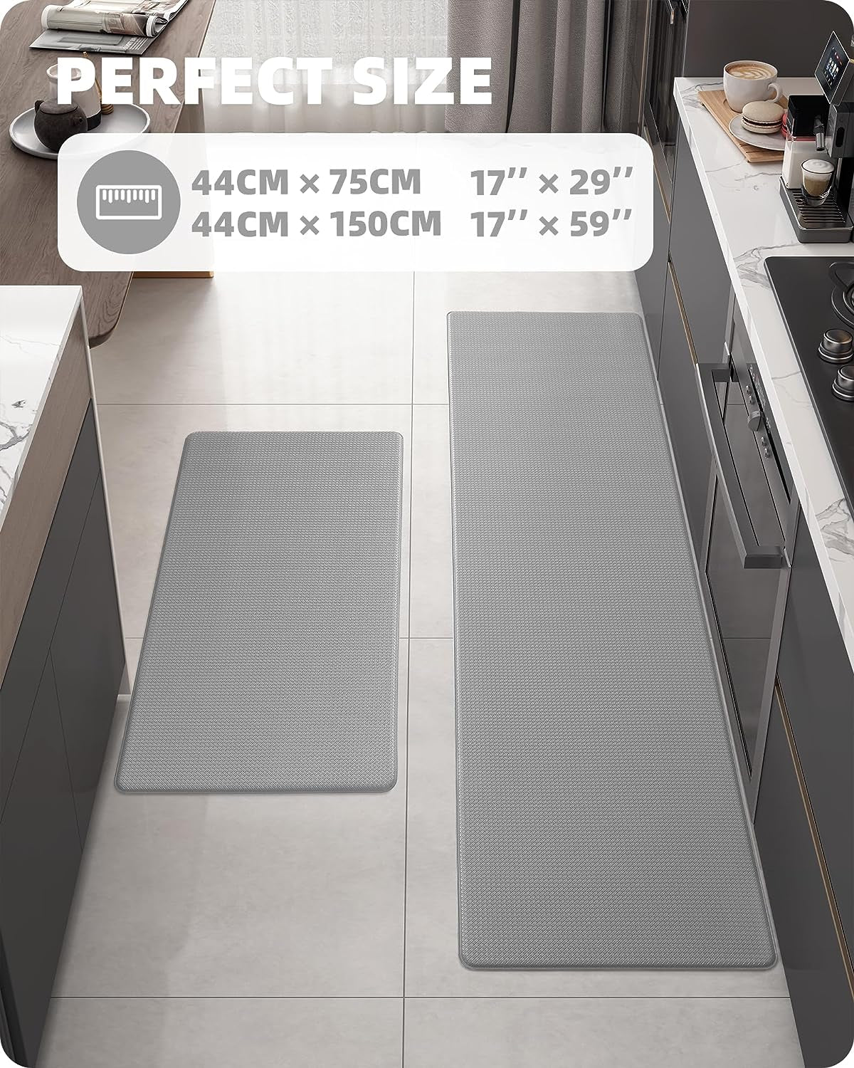 Color G Kitchen Rugs, Kitchen Rug Set 2 Piece Kitchen Runner Rug Kitchen Floor Mat, Cushioned anti Fatigue Kitchen Mat Non Skid Waterproof Comfort Standing Kitchen Rug, 17"X29"+17"X59", Grey